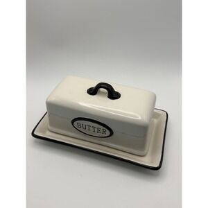 Home Ceramic Butter Dish with Lid and Tray White Black Farmhouse Style